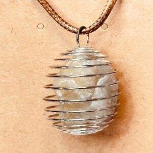 925 Sterling Silver Plated Genuine Milky Quartz Crystal Spiral Wire Wrapped Cage